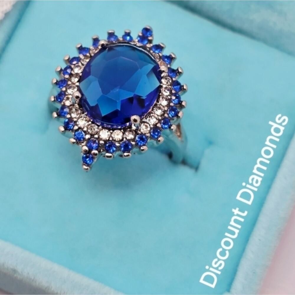 Oval Cut Blue Sapphire & White Baguette Diamond Cocktail Ring on 925  Silver